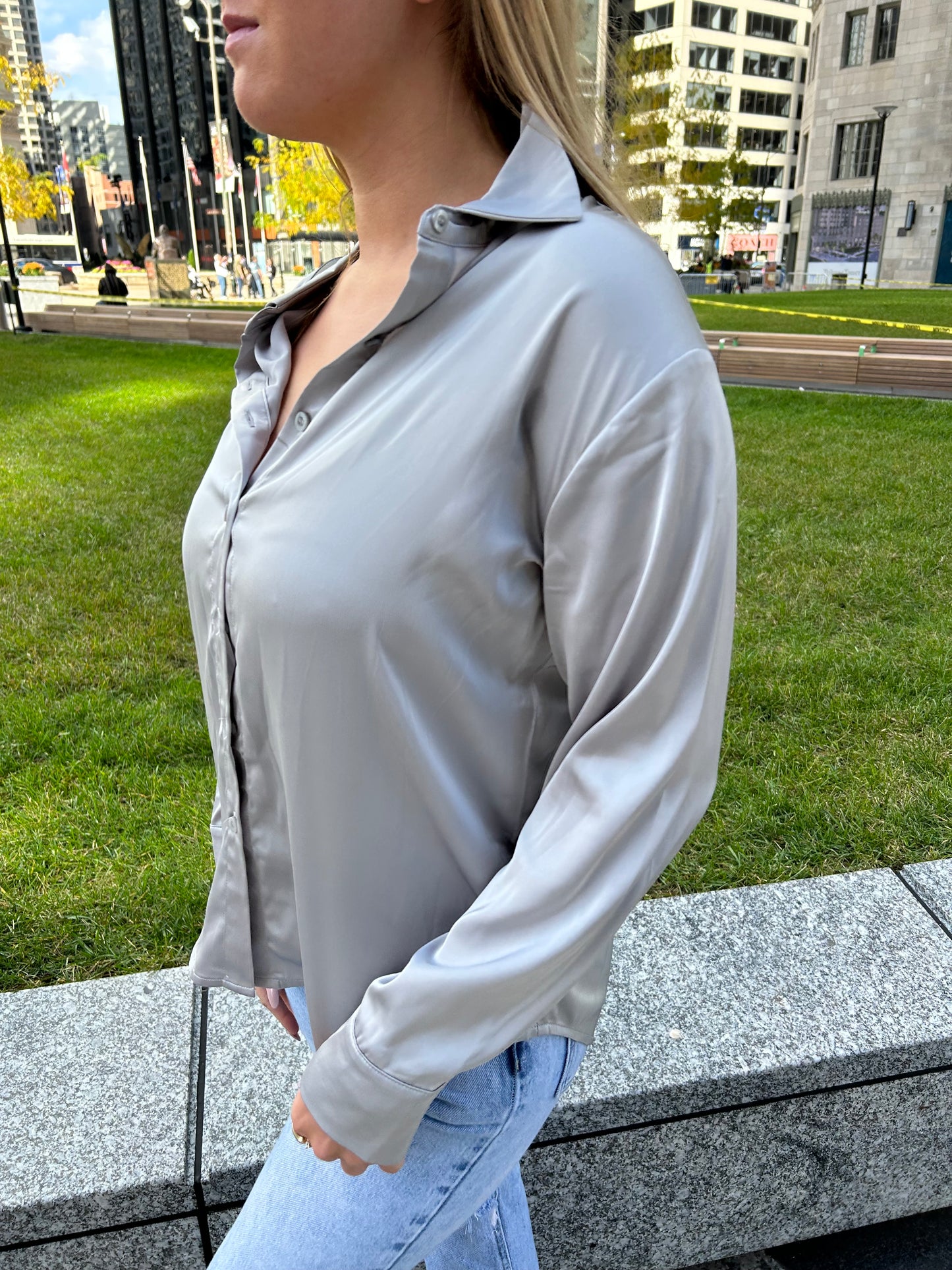 Silver Satin Button Down