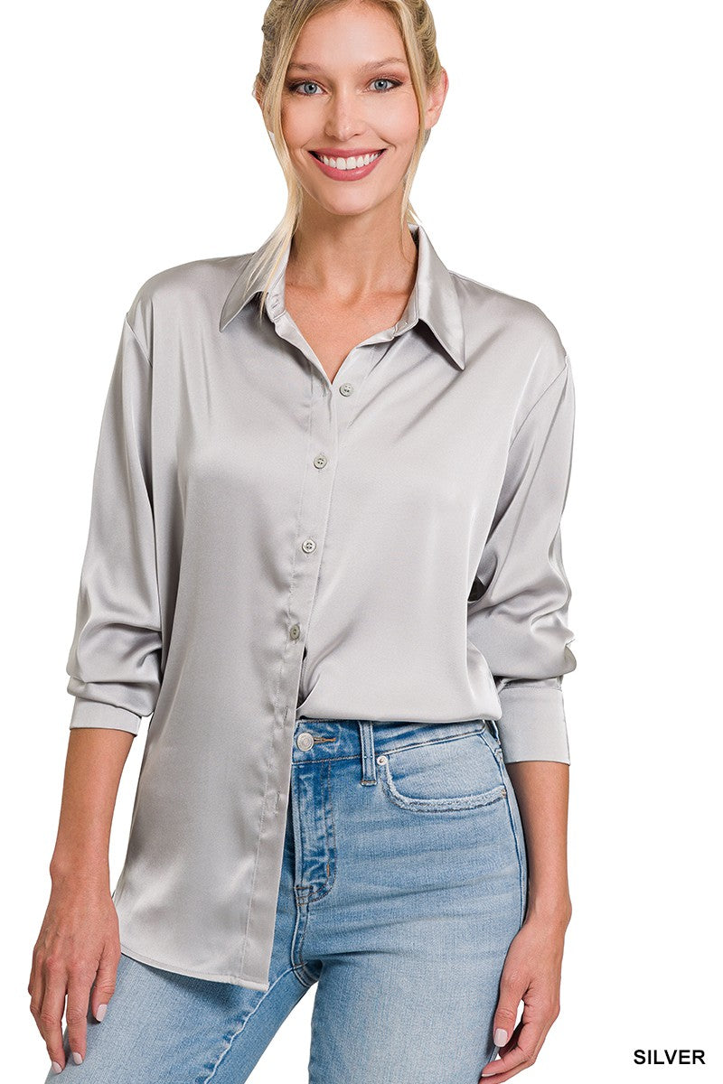 Silver Satin Button Down