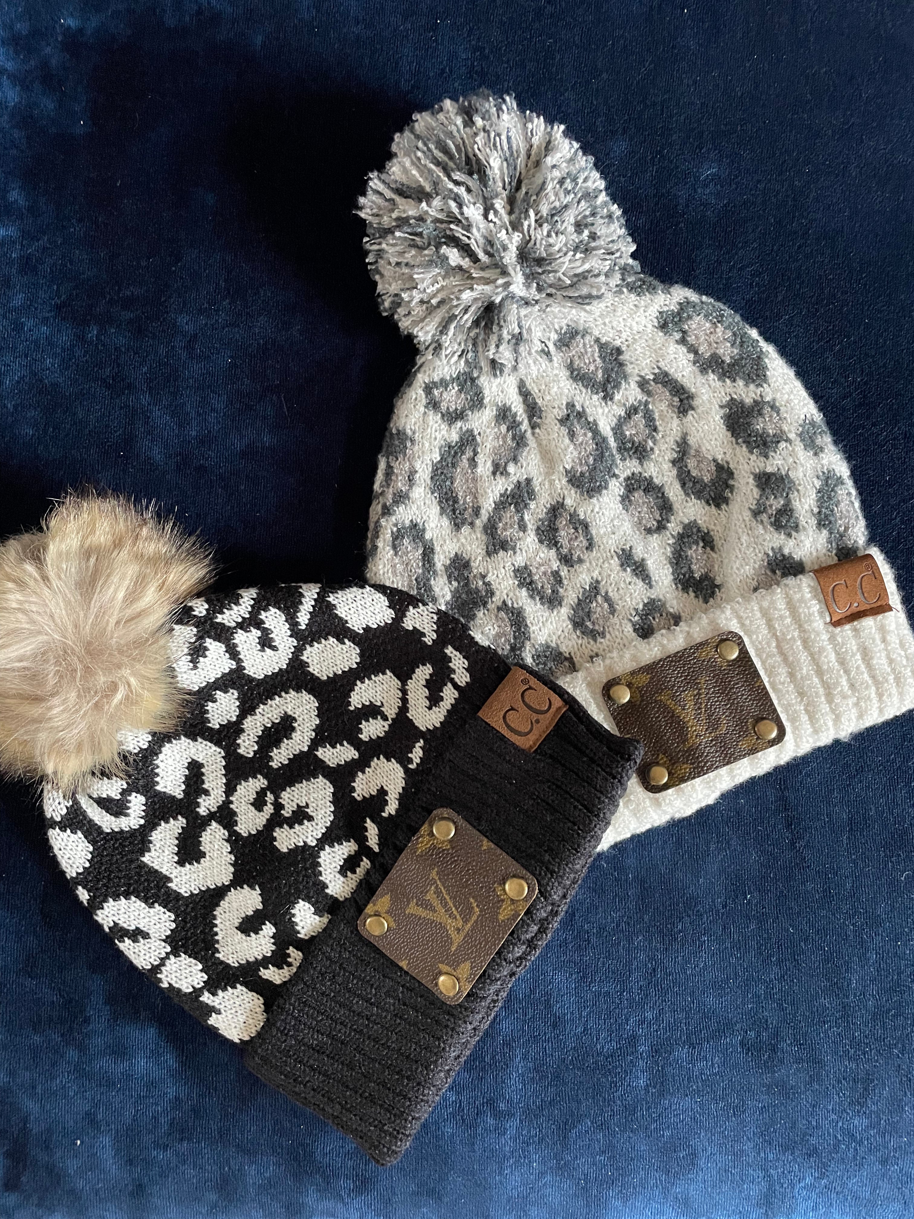 Shop With Eileen, Accessories, Leopard Pom Pom Hat W Louis Vuitton Patch  Beanie